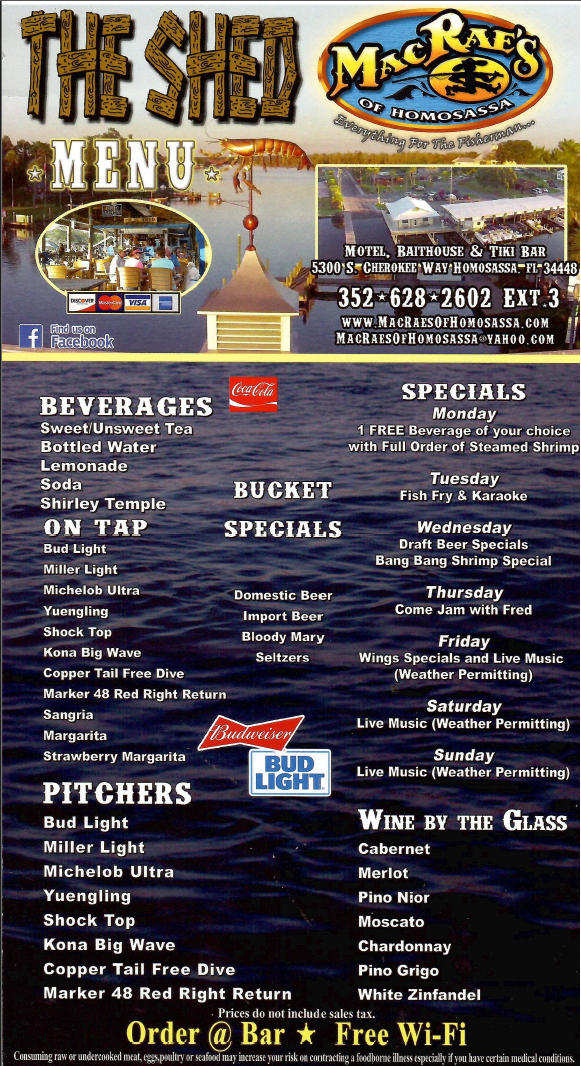 The Shed Menu Front